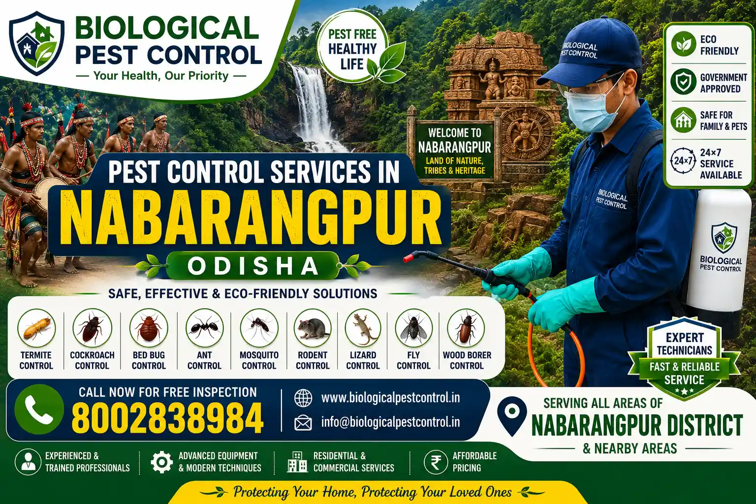Best Pest Control in Nabarangpur | Termite Control Services in Nabarangpur | Biological Pest Control

Meta Description

Looking for trusted pest control in Nabarangpur, Odisha? Biological Pest Control provides professional termite control, anti-termite treatment, cockroach control, bed bug treatment, rat control, mosquito control, spider control, lizard control, centipede control, and complete residential & commercial pest management in Nabarangpur, Umerkote, Raighar, Chandahandi, Dabugaon, Jharigaon, Kosagumuda, Papadahandi, Tentulikhunti, and Nandahandi. We proudly serve all 10 blocks of Nabarangpur district