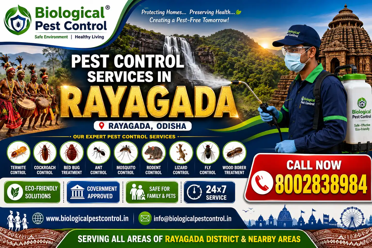 Best Pest Control in Rayagada | Termite Control Services in Rayagada | Biological Pest Control

Meta Description

Looking for trusted pest control in Rayagada, Odisha? Biological Pest Control provides professional termite control, anti-termite treatment, cockroach control, bed bug treatment, rat control, mosquito control, spider control, lizard control, centipede control, and complete residential & commercial pest management in Rayagada, Gunupur, Bissam Cuttack, Muniguda, Gudari, Padmapur, Ramanaguda, Chandrapur, Kashipur, Kolnara, and Kalyanasinghpur. We proudly serve all 11 blocks of Rayagada district.
