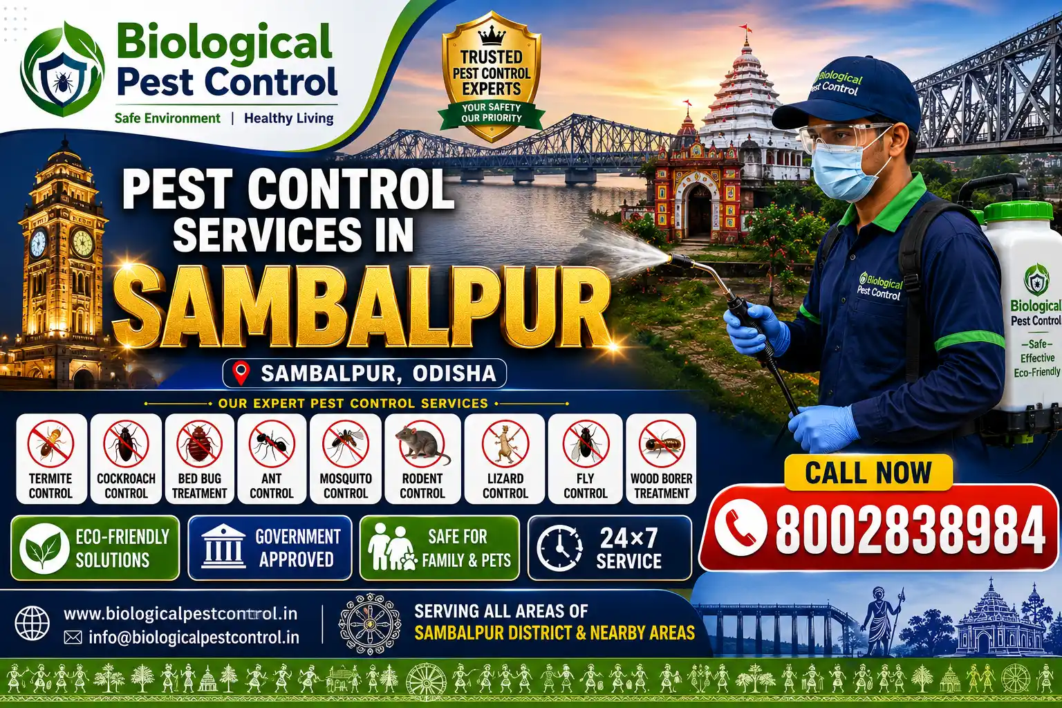 Best Pest Control in Sambalpur | Termite Control Services in Sambalpur | Biological Pest Control

Meta Description

Looking for trusted pest control in Sambalpur, Odisha? Biological Pest Control provides professional termite control, anti-termite treatment, cockroach control, bed bug treatment, rat control, mosquito control, spider control, lizard control, centipede control, and complete residential & commercial pest management in Sambalpur, Burla, Hirakud, Kuchinda, Rairakhol, Rengali, Bamra, Jamankira, Jujomura, Maneswar, and nearby areas. We proudly serve all 9 blocks of Sambalpur district