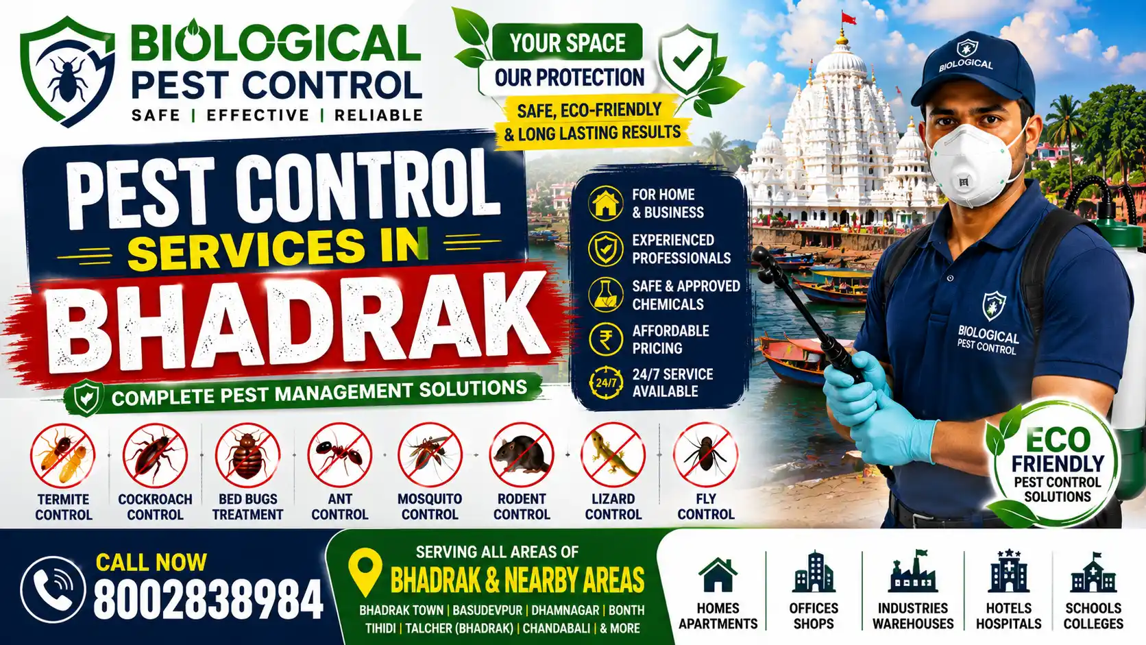 Looking for professional pest control in Bhadrak? Biological Pest Control offers termite control, cockroach control, bed bug treatment, rodent control, mosquito control, and complete pest management across Bhadrak, Charampa, Basudevpur, Chandabali, Dhamnagar, and nearby areas. Call 8002838984.