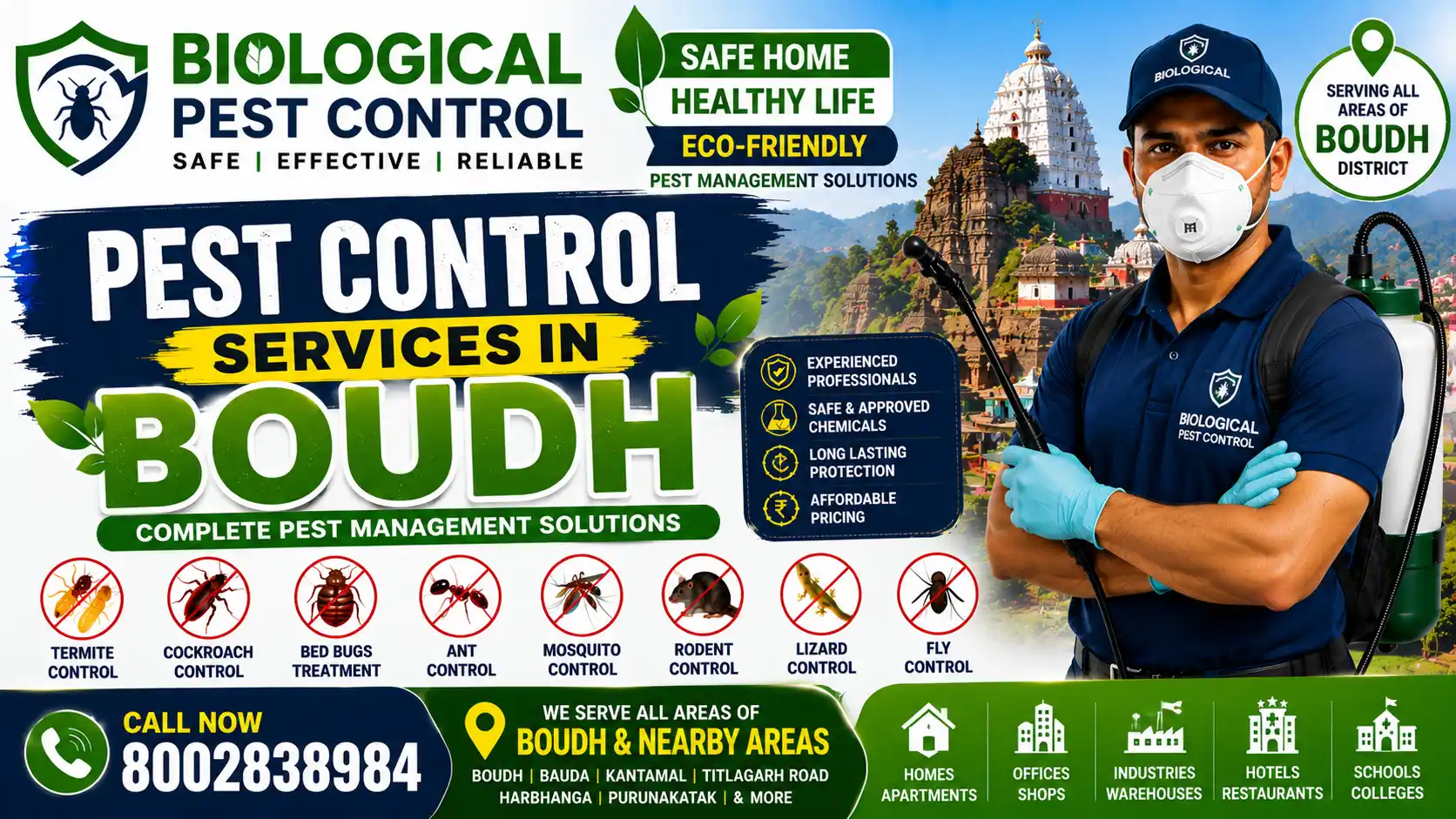 Looking for professional pest control in Boudh, Odisha? Biological Pest Control provides termite control, anti-termite treatment, cockroach control, bed bug treatment, rat control, mosquito control, spider control, and complete pest management services in Boudh, Kantamal, Harabhanga, Manamunda, Baunsuni, Purunakatak, and nearby areas.