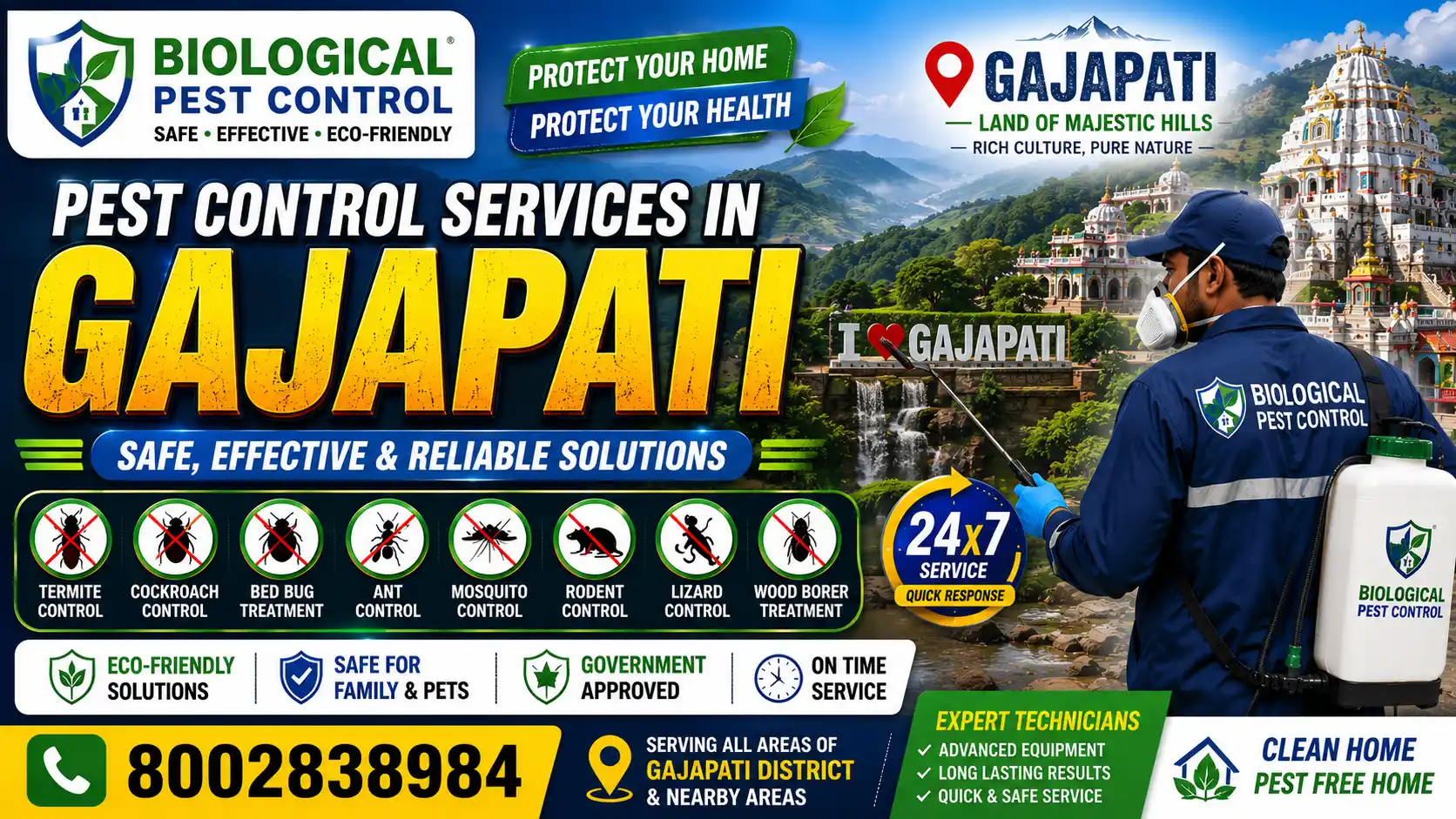 Looking for professional pest control in Gajapati, Odisha? Biological Pest Control offers termite control, anti-termite treatment, cockroach control, bed bug treatment, rat control, mosquito control, spider control, and complete residential & commercial pest management in Paralakhemundi, Mohana, R. Udayagiri, Kasinagar, Gumma, Gosani, Nuagada, Rayagada Block, and nearby areas.