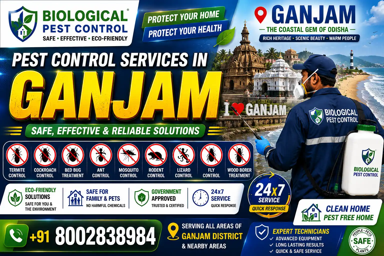 Looking for professional pest control in Ganjam, Odisha? Biological Pest Control provides termite control, anti-termite treatment, cockroach control, bed bug treatment, rat control, mosquito control, spider control, and complete residential & commercial pest management in Berhampur, Chhatrapur, Aska, Bhanjanagar, Chikiti, Hinjilicut, Digapahandi, Purushottampur, and across Ganjam district.