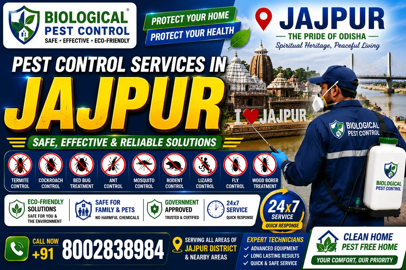 Best Pest Control in Jajpur | Termite Control Services in Jajpur | Biological Pest Control

Meta Description

Looking for trusted pest control in Jajpur, Odisha? Biological Pest Control offers professional termite control, anti-termite treatment, cockroach control, bed bug treatment, rat control, mosquito control, spider control, and complete residential & commercial pest management in Jajpur Town, Jajpur Road, Vyasanagar, Dharmasala, Sukinda, Bari, Binjharpur, Korei, Badachana, Danagadi, Rasulpur, and nearby areas.