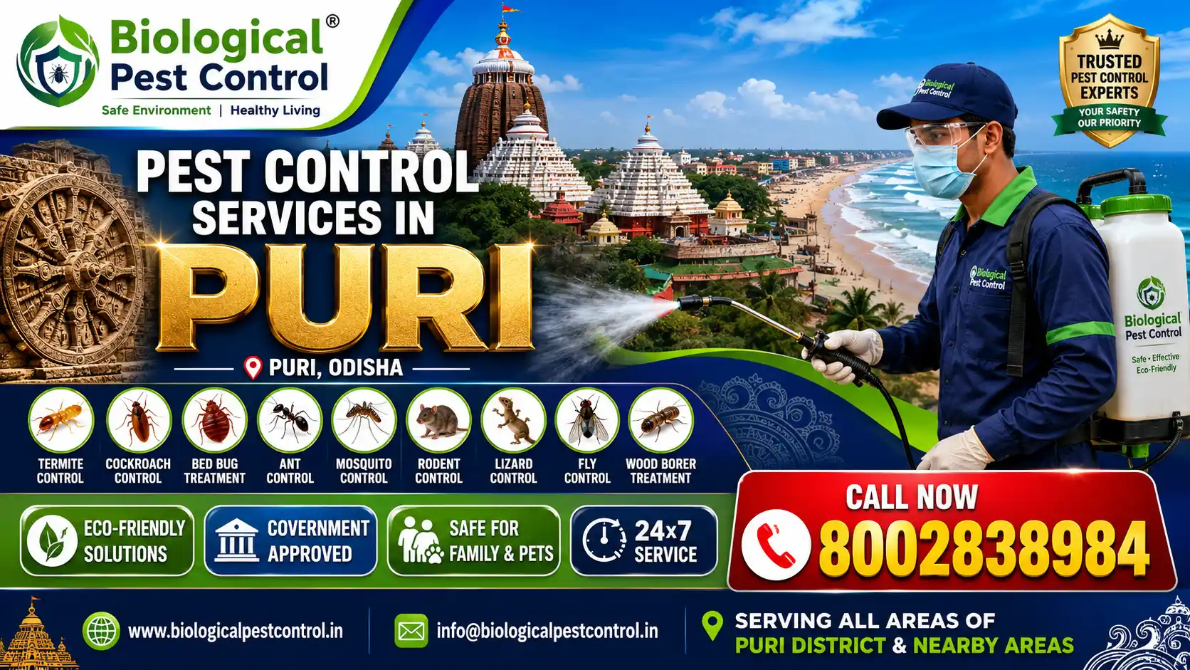 Best Pest Control in Puri | Termite Control Services in Puri | Biological Pest Control

Meta Description

Looking for trusted pest control in Puri, Odisha? Biological Pest Control offers professional termite control, anti-termite treatment, cockroach control, bed bug treatment, rat control, mosquito control, spider control, lizard control, centipede control, and complete residential & commercial pest management in Puri, Pipili, Brahmagiri, Satyabadi, Nimapada, Kakatpur, Delanga, Kanas, Gop, Astaranga, Krushnaprasad, and nearby areas. We proudly serve all 11 blocks of Puri district.